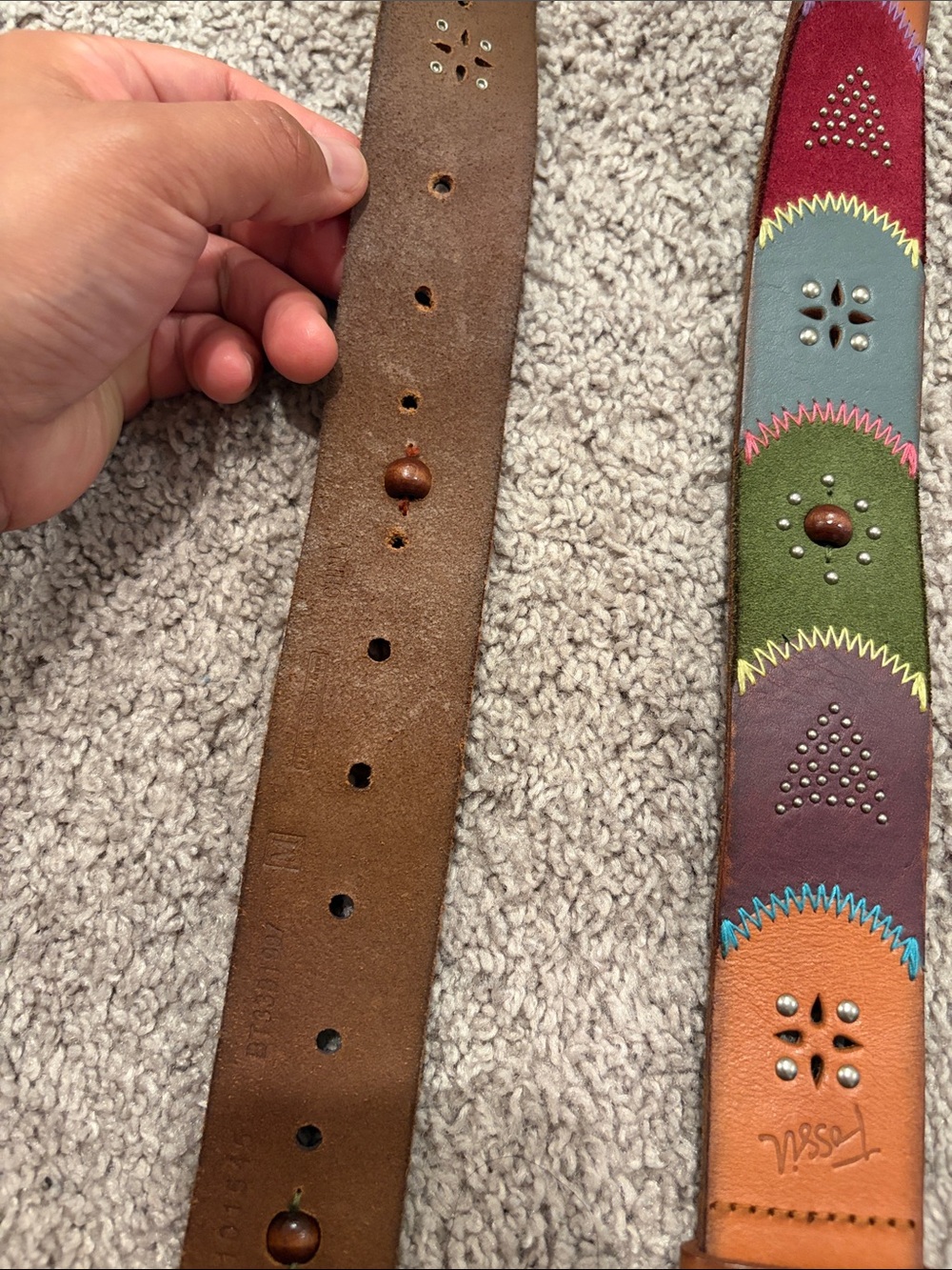 Fossil Women's Dress Belt Size S Large Patchwork Studded Emboidered Brown Green - Picture 4 of 8